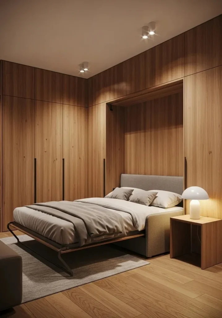 Hidden Murphy bed behind sliding wooden panels in a modern apartment interior.
