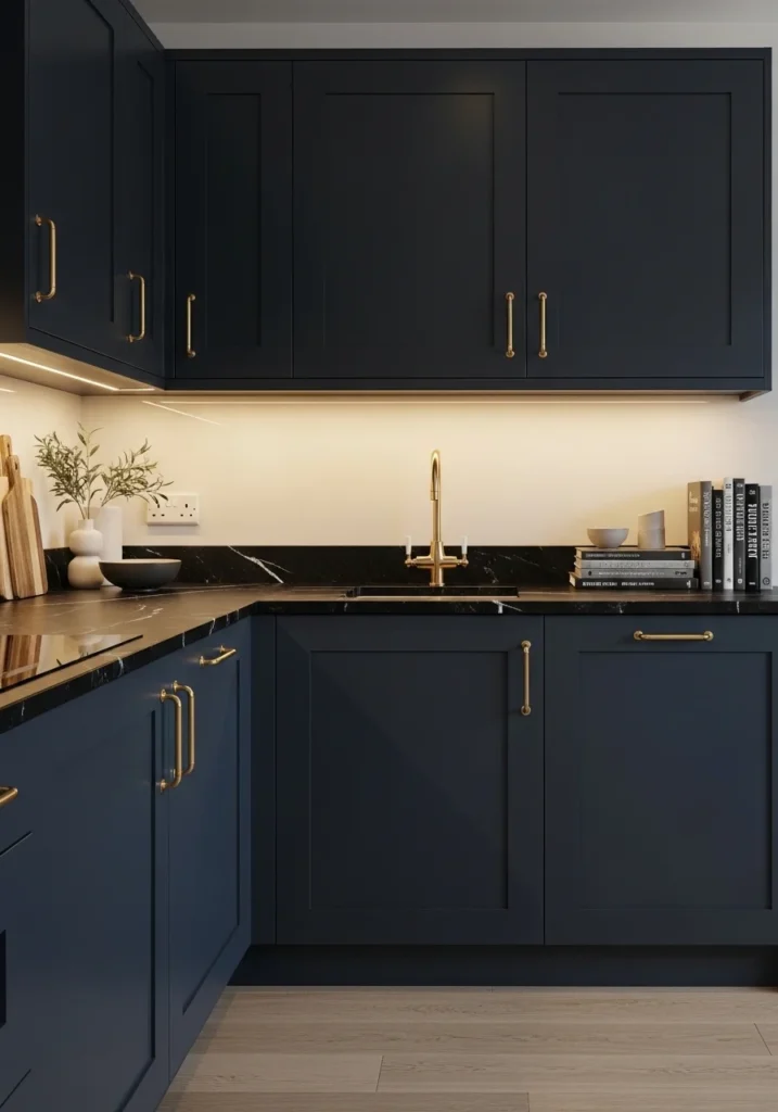 Bold colored cabinets with black countertops.