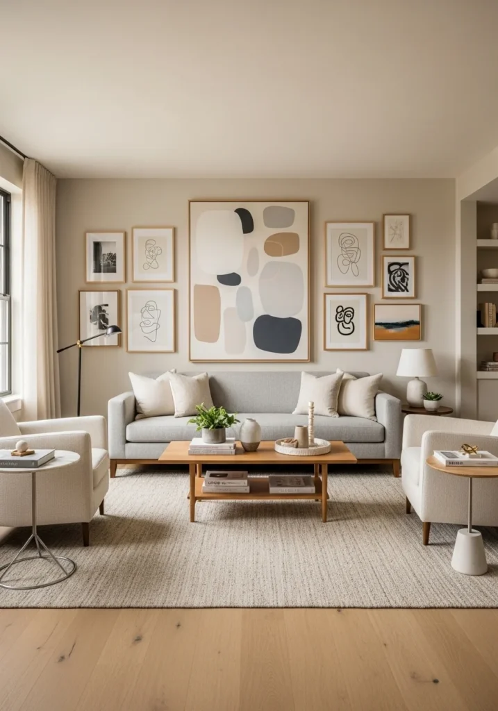 Apartment living room with large wall art creating personality.