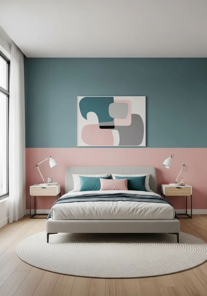 Split teal and pink wall bedroom