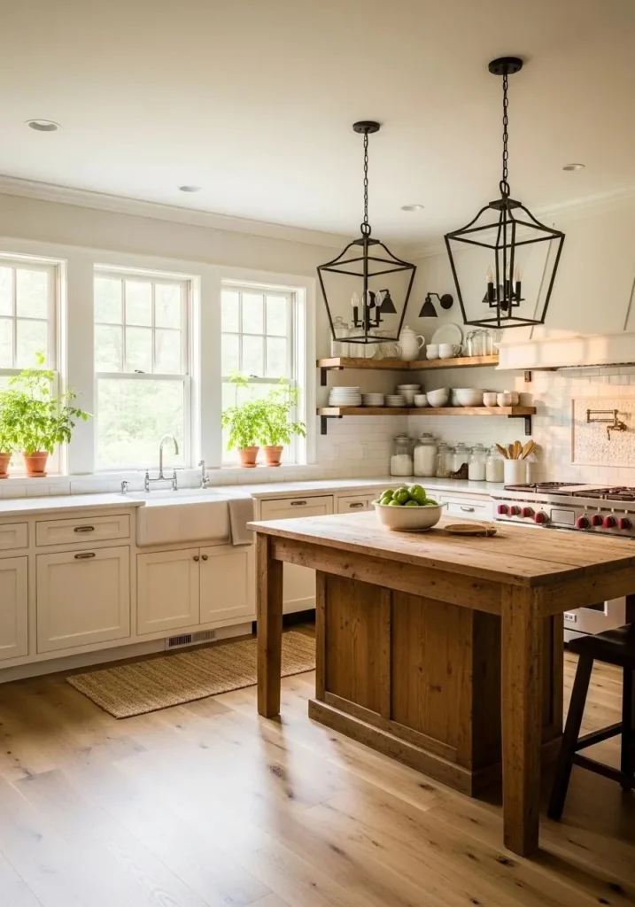 Lantern-style fixtures providing classic, elegant lighting above the kitchen island.