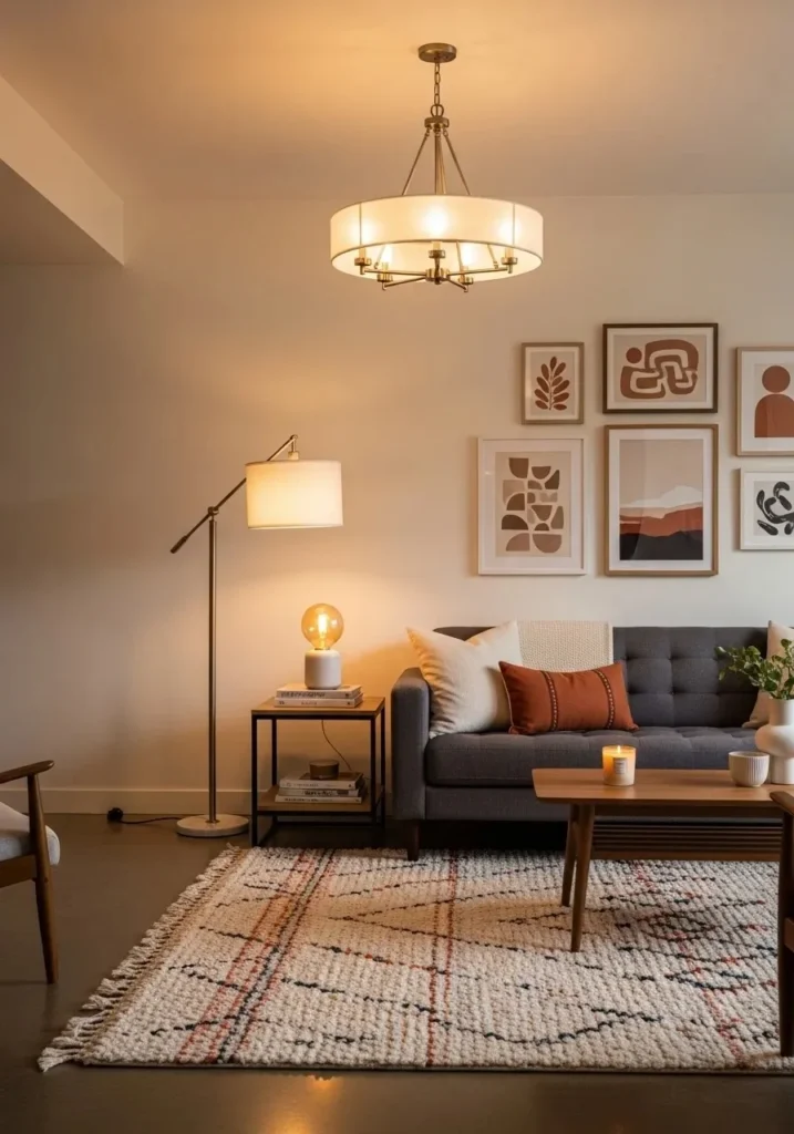 Stylish living room lighting with chandelier and floor lamps creating warm and welcoming ambiance.