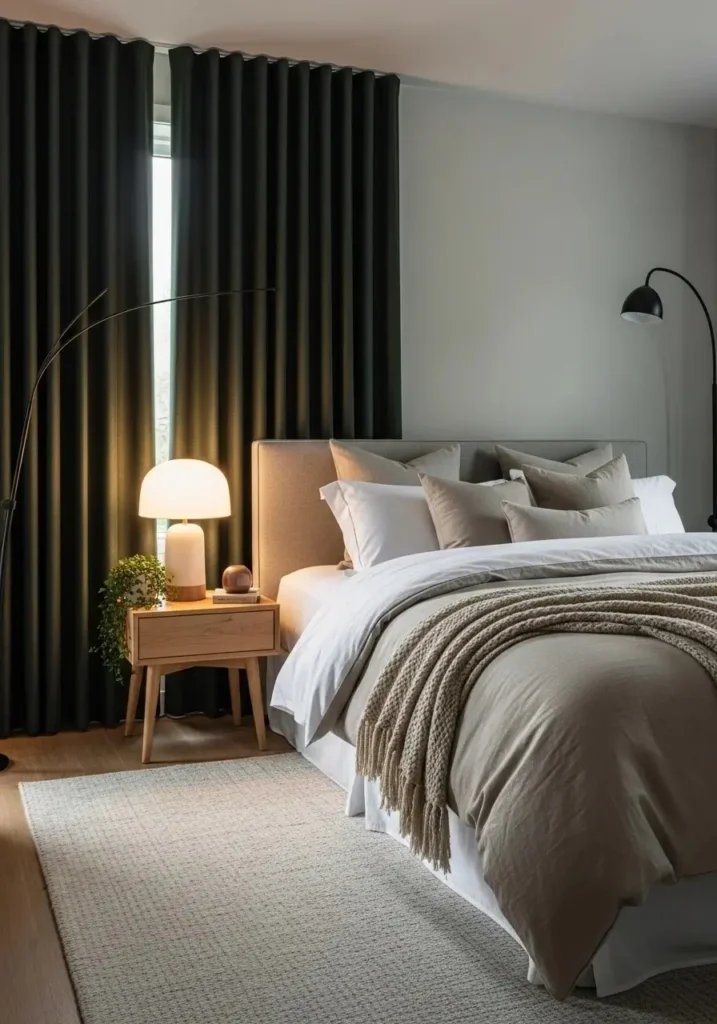 dark green curtains bedroom cozy window styling idea