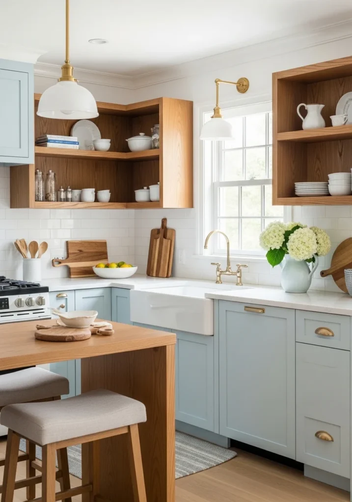 Light blue kitchen cabinets with white countertops.