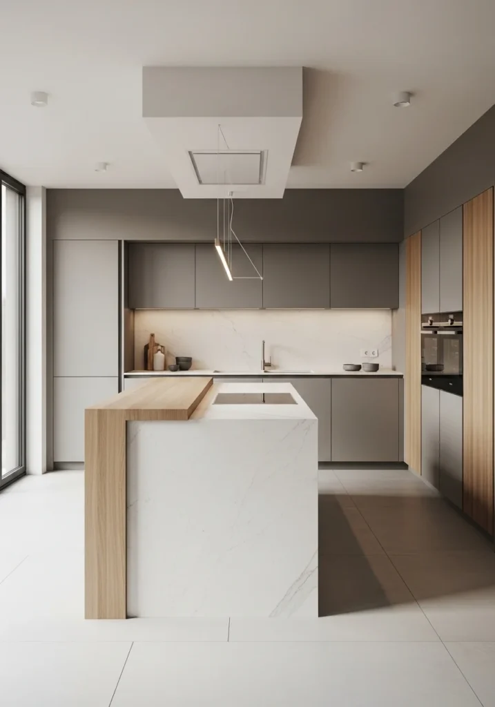 minimalist waterfall island kitchen simple modern design