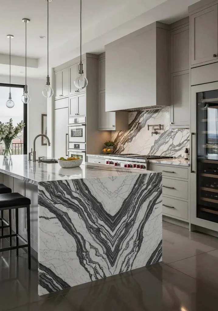 statement veined marble waterfall island kitchen luxury design