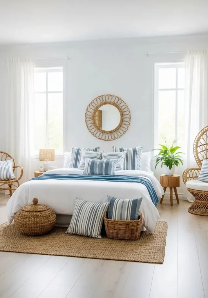 Blue and white coastal bedroom with rattan decor and fresh, beach-inspired styling