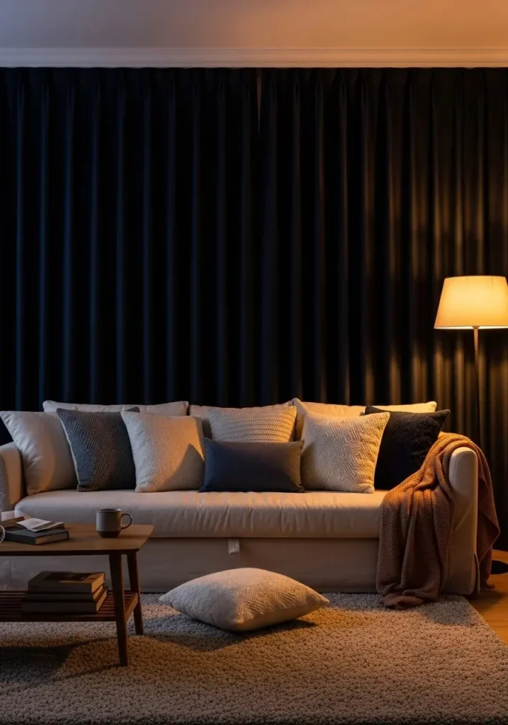Blackout curtains in a living room creating a cozy, intimate space and controlling light.