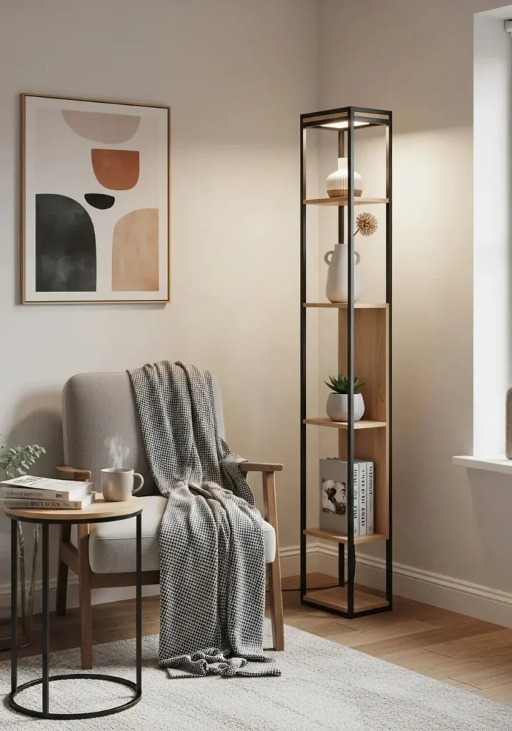 Floor lamp with shelves for storage and lighting in living room