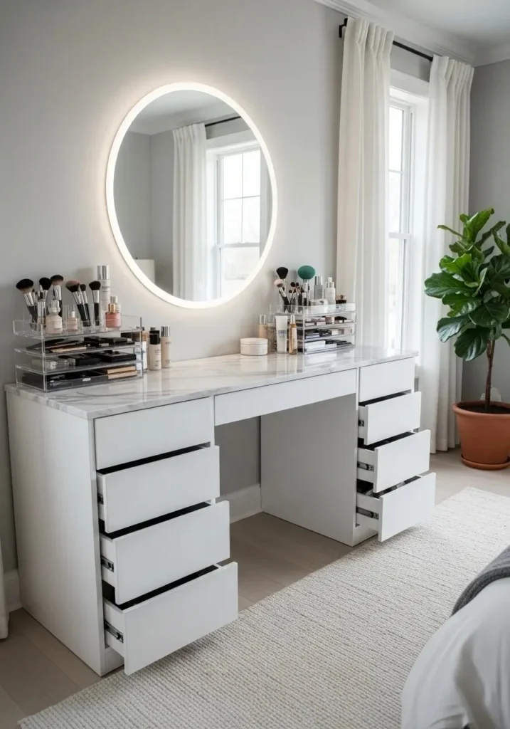 vanity with storage drawers organized bedroom setup