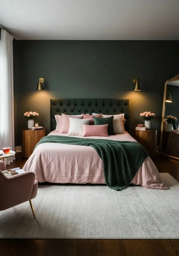 dark green and blush pink bedroom soft cozy decor