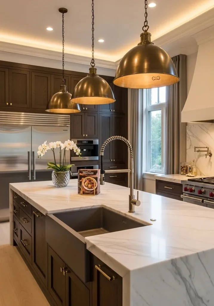 Marble-top kitchen island with elegant sink and brass fixtures