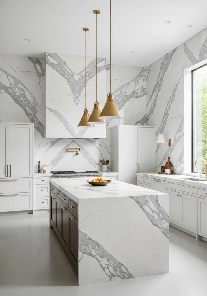 Luxury kitchen with full marble slab backsplash and brass fixtures