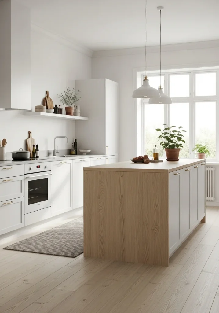 Scandinavian kitchen with light wood island design