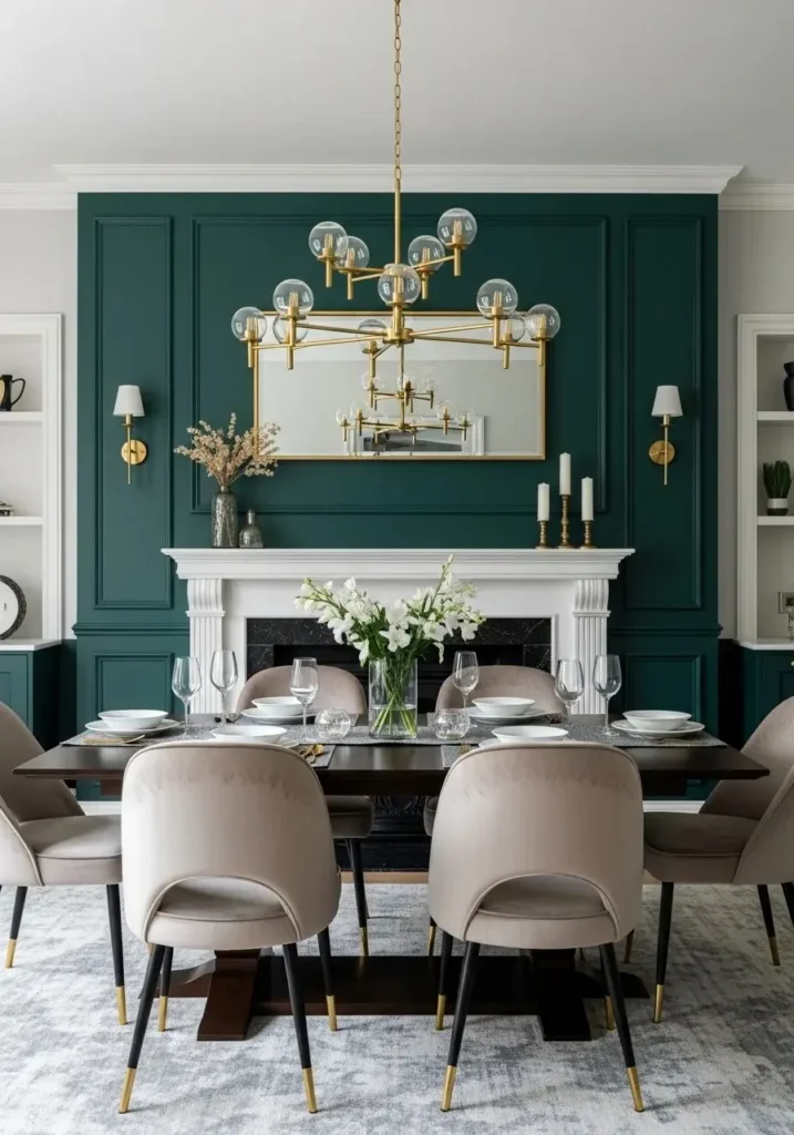 emerald green accent wall in stylish dining room with gold chandelier