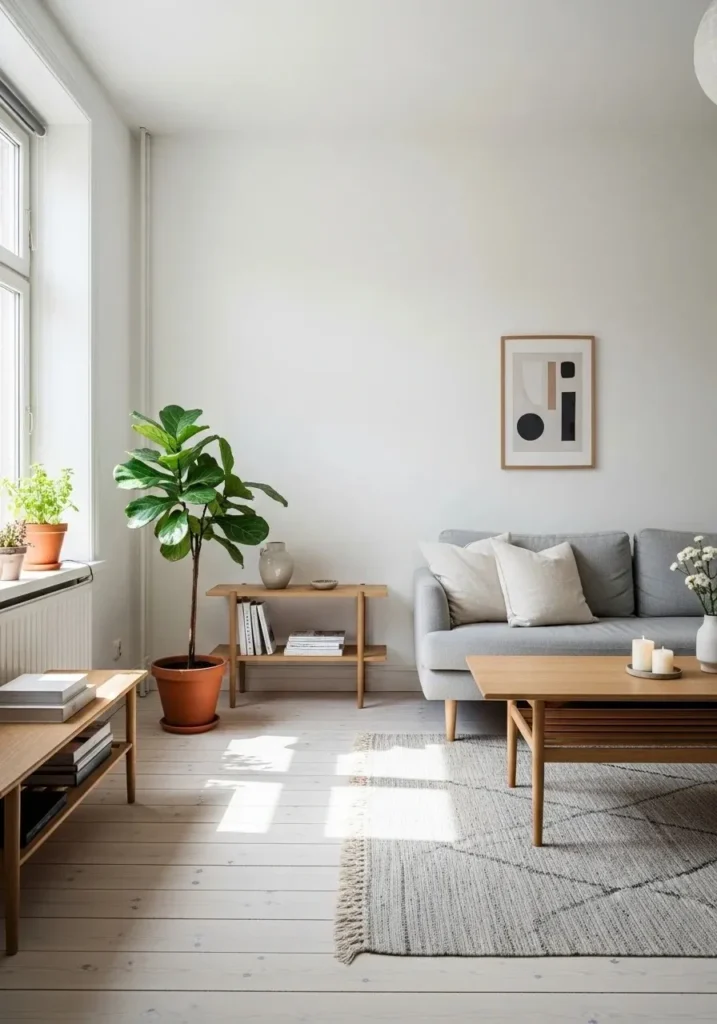 Bright Scandinavian living room with white walls, light wood furniture, and minimal decor.