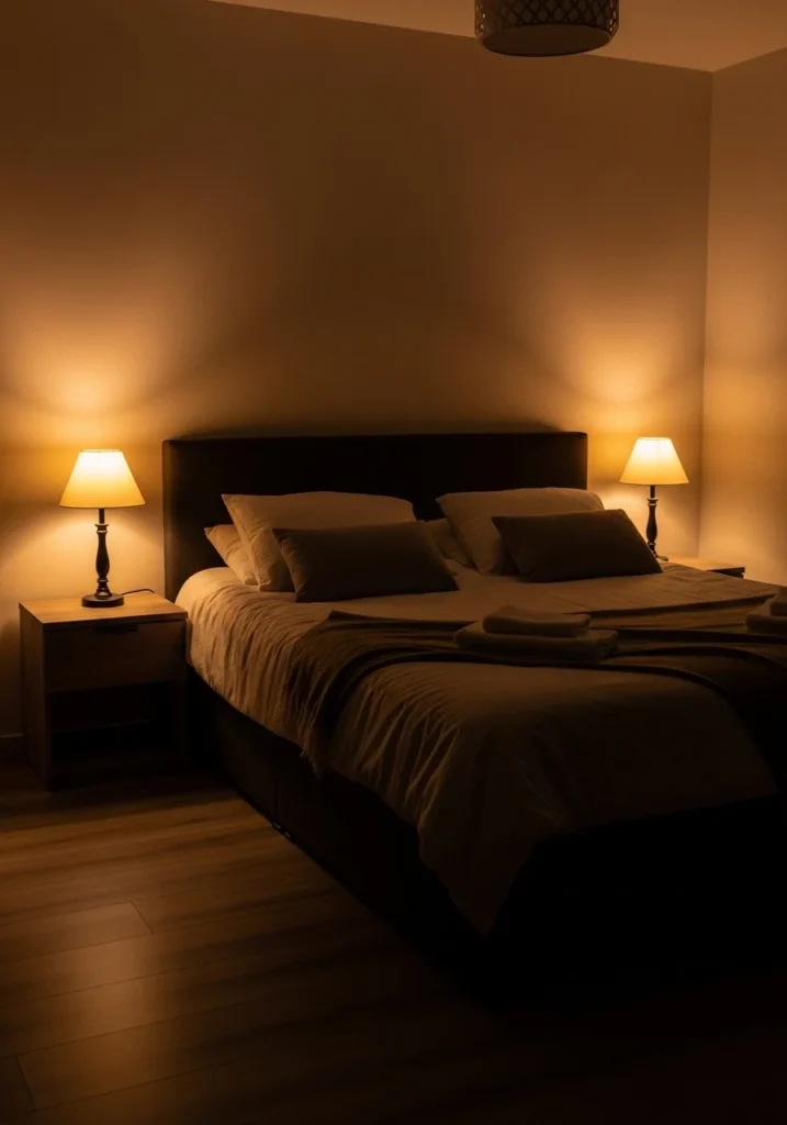 Full bedroom view warm lighting cozy relaxing evening mood