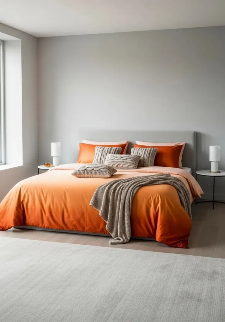 Bedroom with ombre bedding from peach to deep orange and neutral walls.
