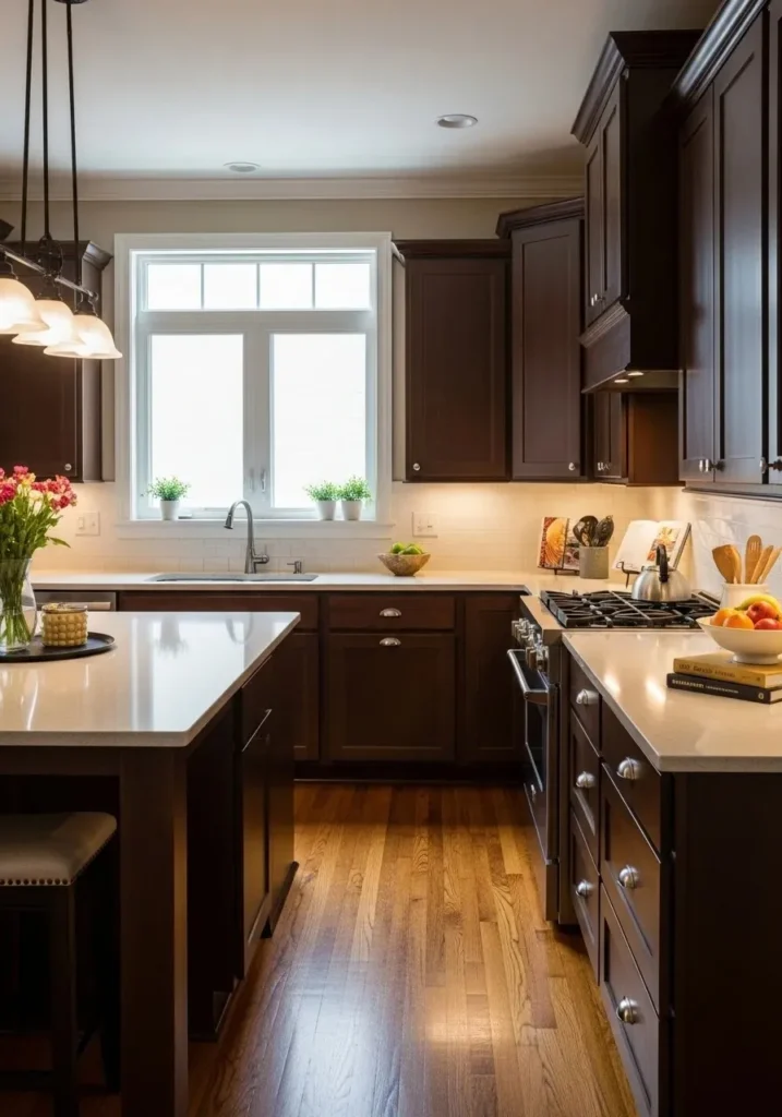 Chocolate brown kitchen cabinets with creamy countertops.