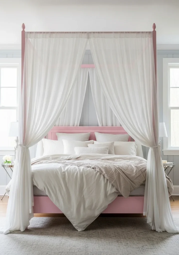 Dreamy bedroom featuring a pink canopy bed with sheer curtains