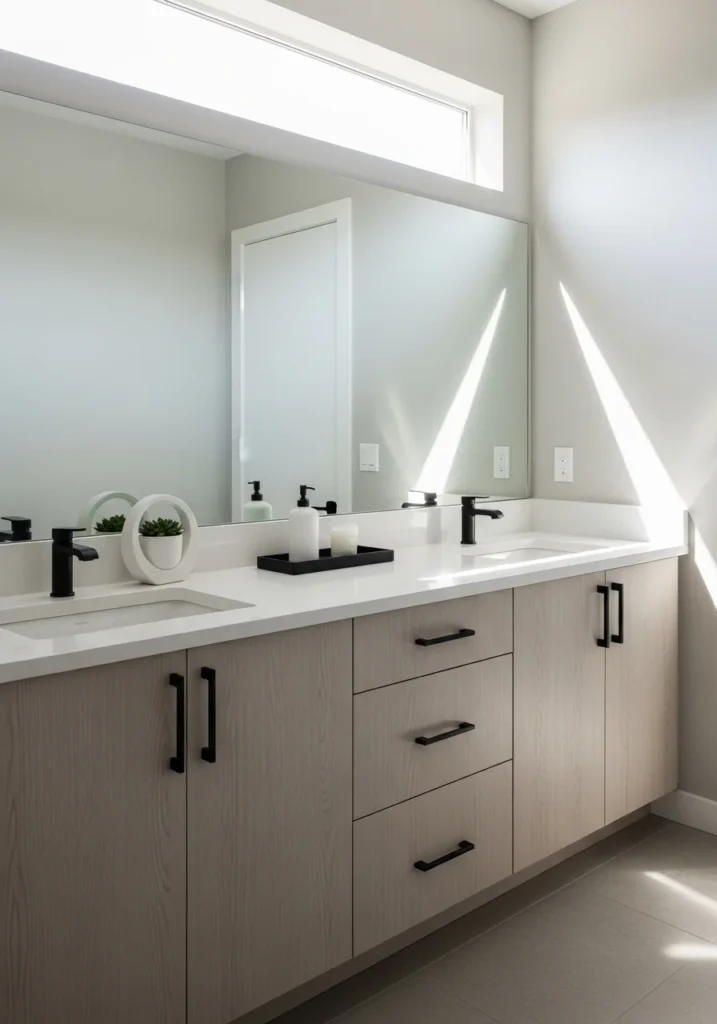 Minimalist double sink vanity with clean lines and neutral colors.
