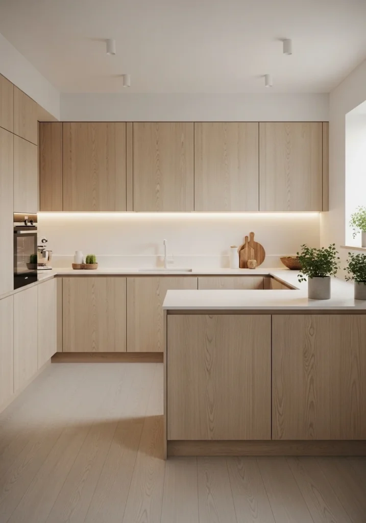 Scandinavian U-shaped kitchen with light wood cabinets and matching island.