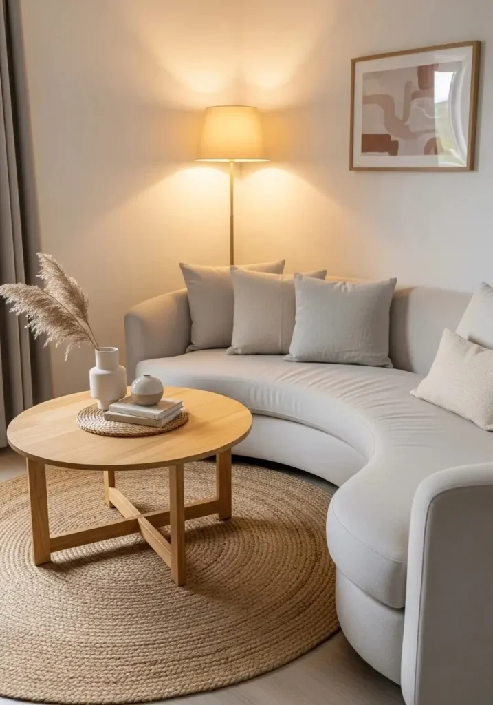Round woven rug anchoring a circular coffee table in a small living room