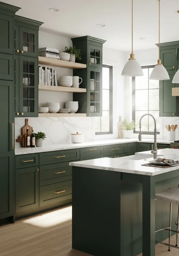 Forest green kitchen cabinets with white marble countertops.