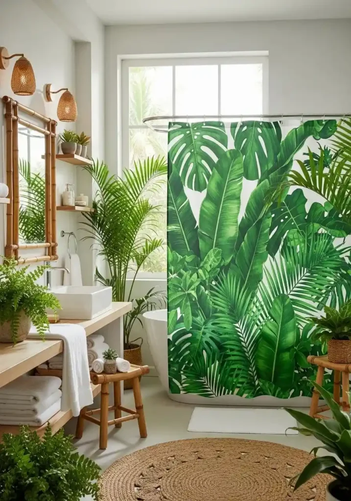 tropical bathroom curtain palm leaves bathroom decor idea