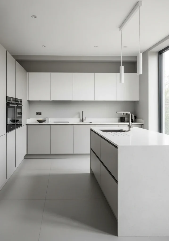 Modern minimalist kitchen with waterfall island design
