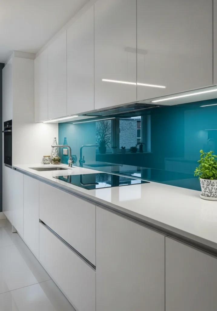 Modern kitchen with sleek glass backsplash and reflective surface