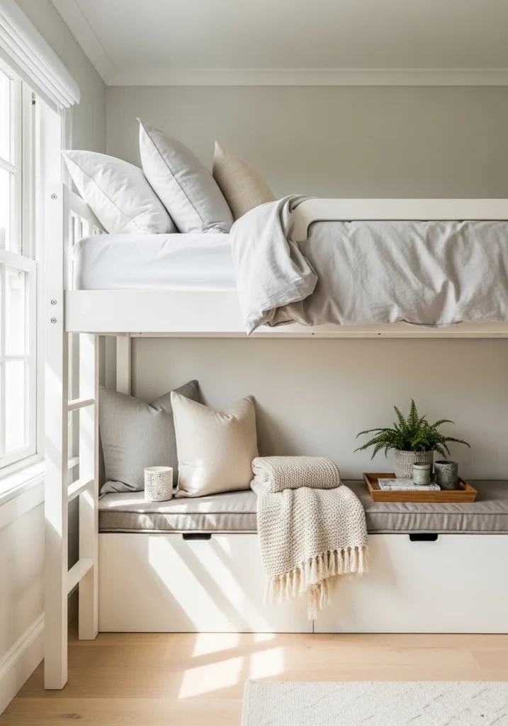 Loft bed with hidden storage bench underneath, combining seating and organization.