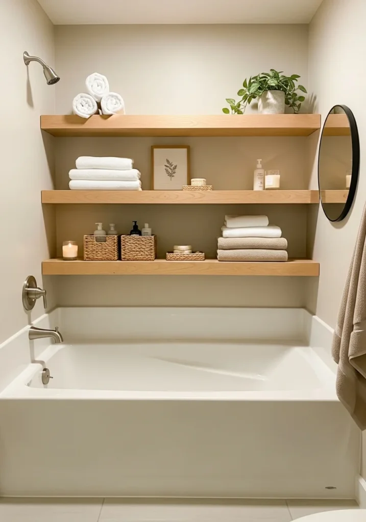 Floating shelves above bathtub for vertical storage in small bathroom