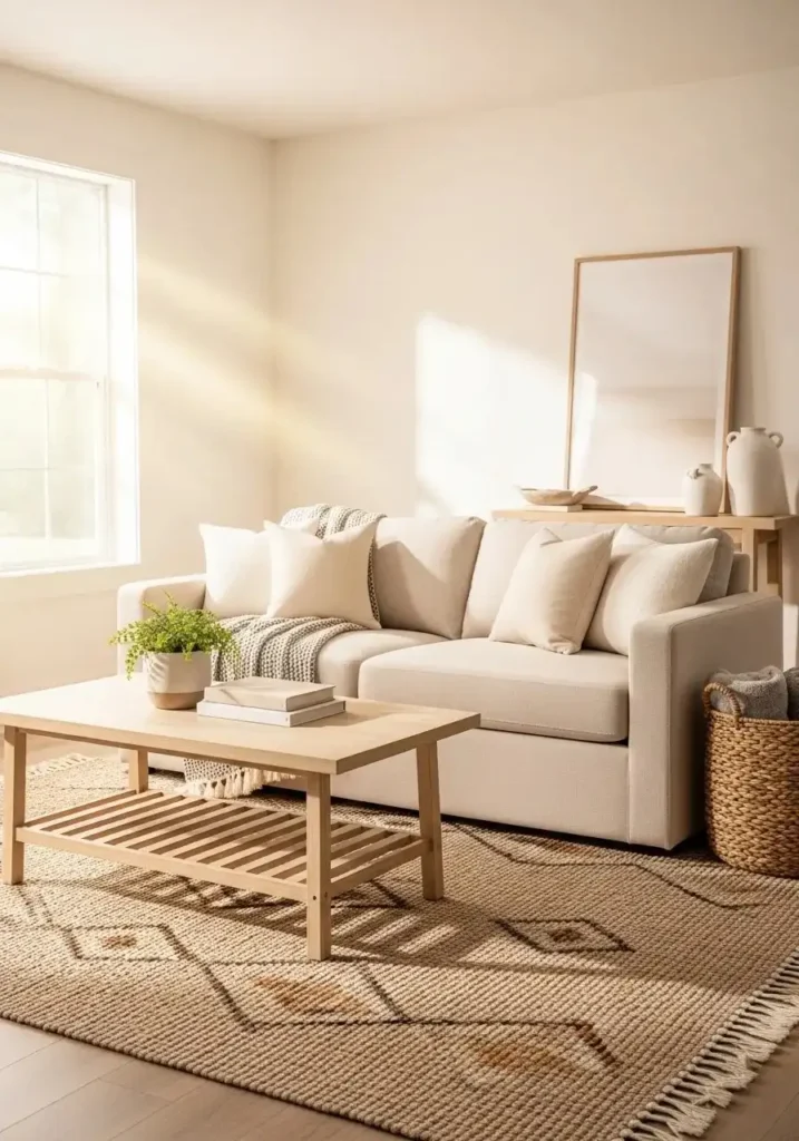 soft neutral farmhouse living room design