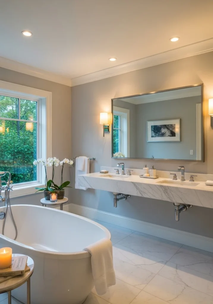 bathroom with white freestanding bathtub
