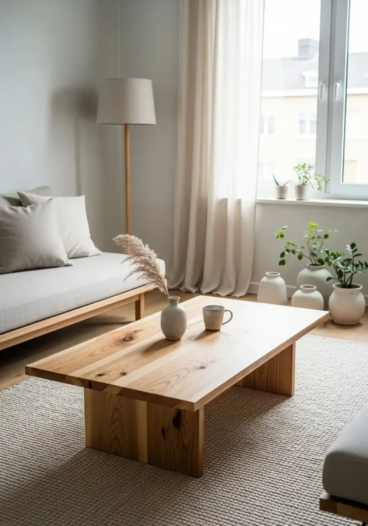 Japandi living room with low wooden coffee table as centerpiece