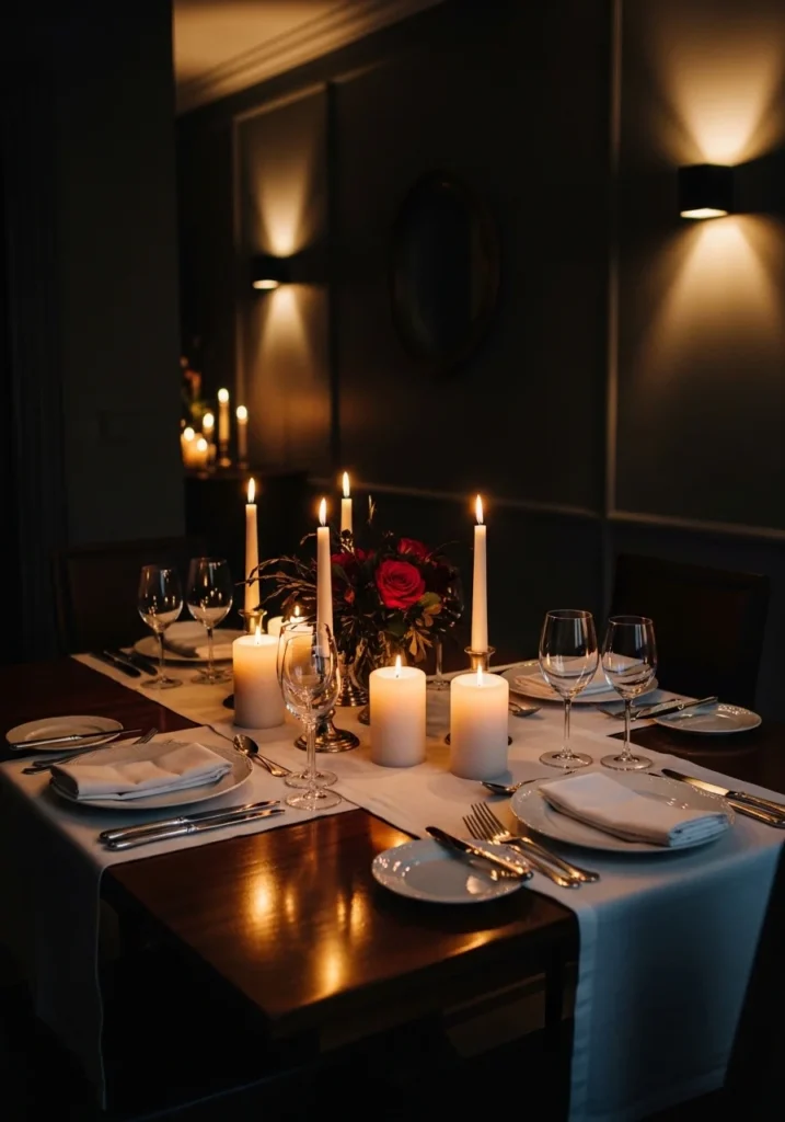 : Moody dining room illuminated with candlelight for a cozy dinner.