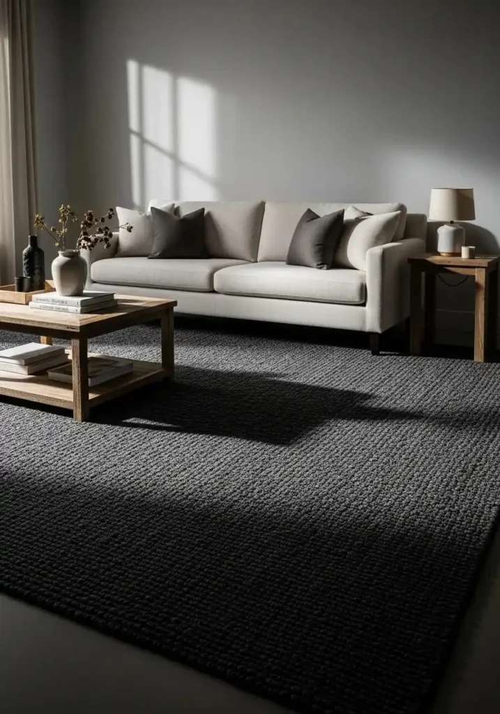 Dark charcoal area rug creating contrast under light furniture in living room