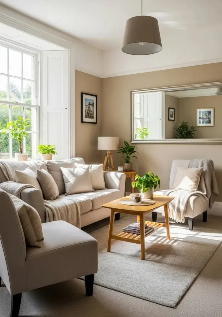 Small apartment living room with large mirror reflecting natural light.