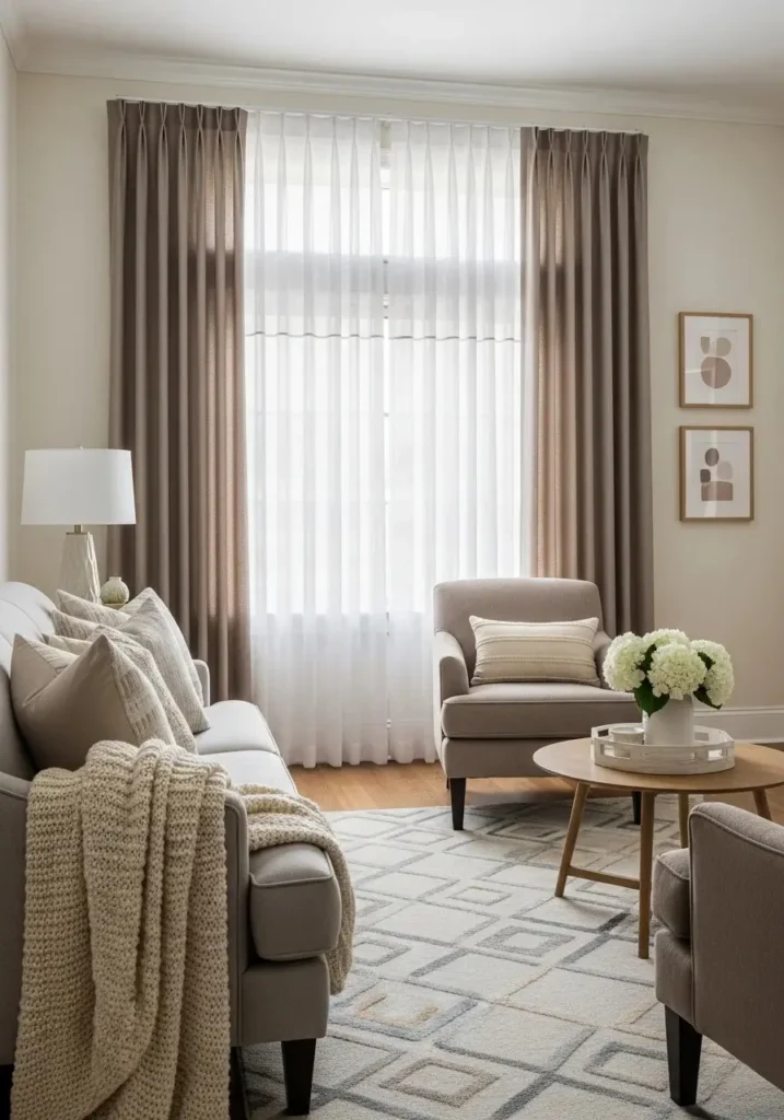 Layered curtains with sheer and heavy panels creating depth and adjustable lighting in a living room.