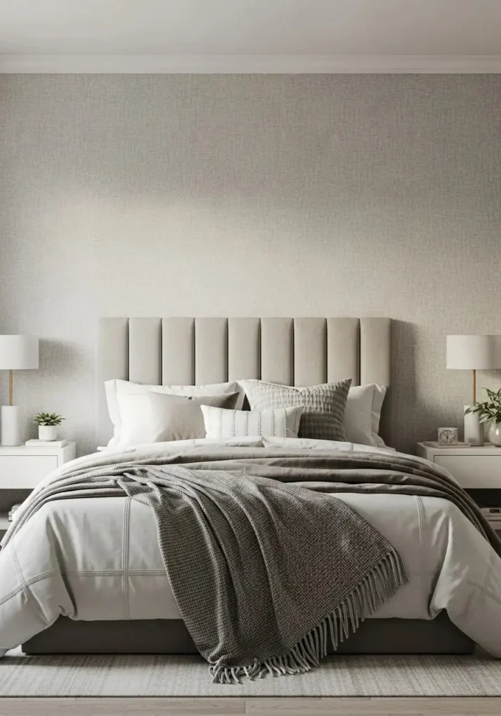 Full bedroom view statement wall elegant stylish focal point
