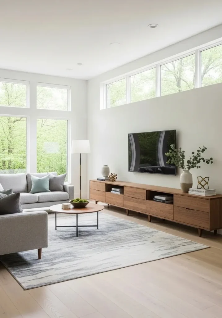 Living room with long low media console under TV.