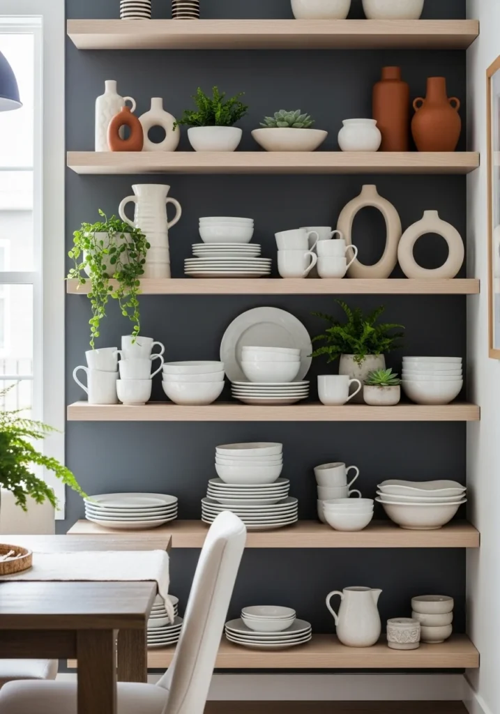 Open shelf styling ideas for dining room decor