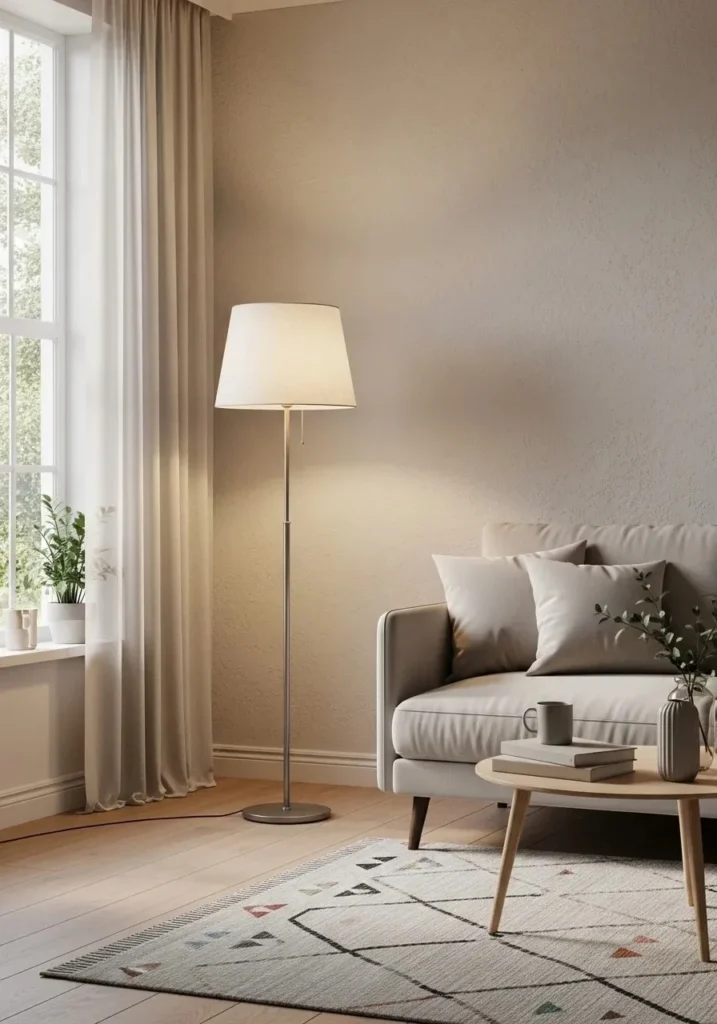 Floor lamp placed in living room corner to complete space