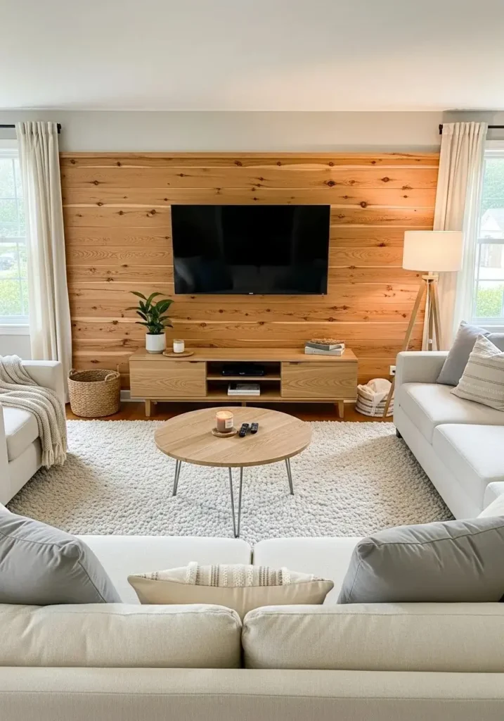 Living room TV wall with natural wood paneling.