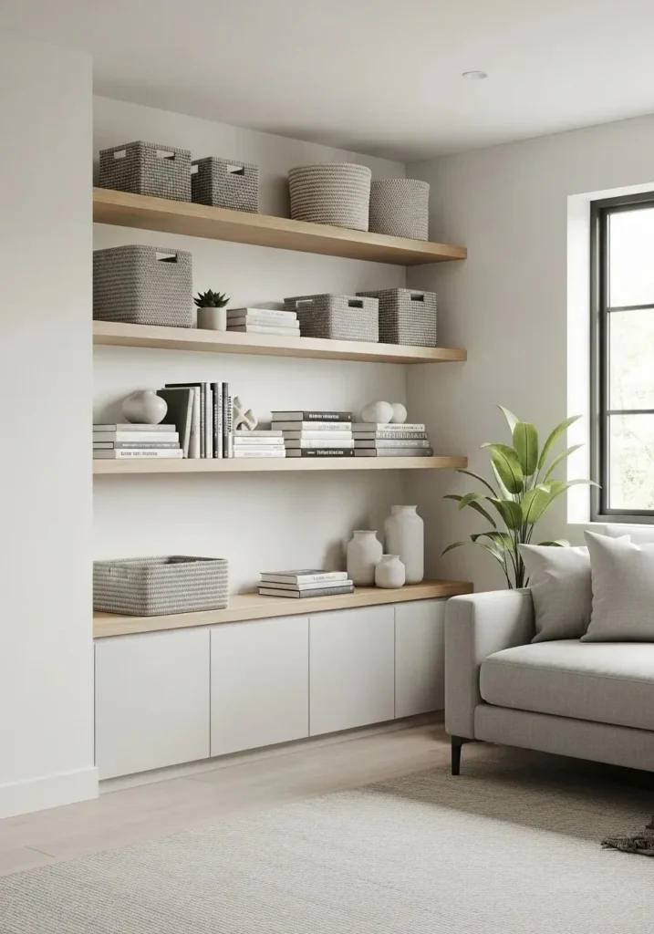 Built-in shelving in living room keeping the space organized and polished