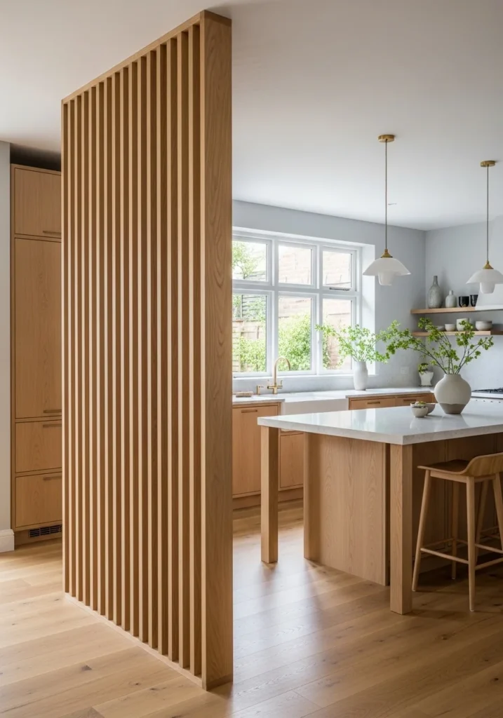 Japandi kitchen with wooden open frames adding structure and openness.