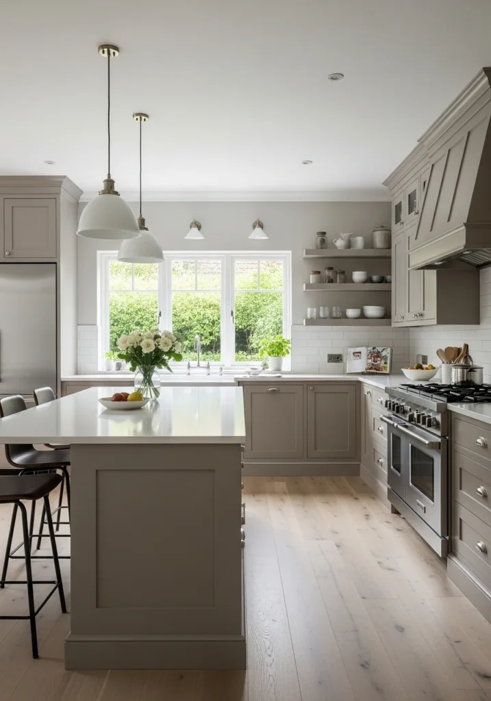 Soft taupe kitchen cabinets with white countertops.