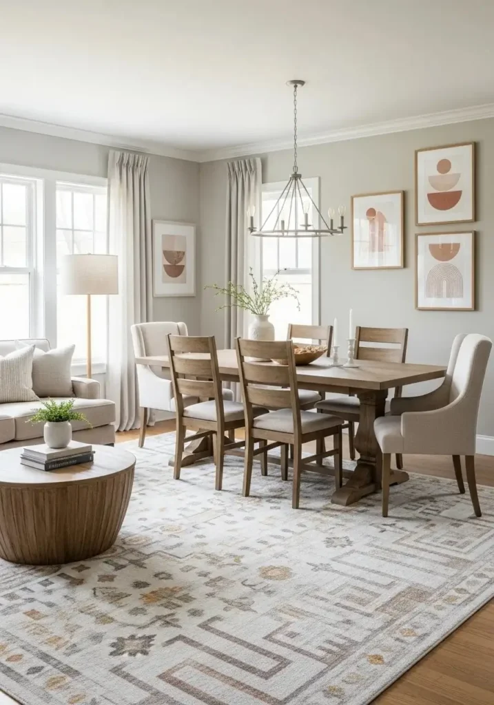 Cohesive color palette connecting living room and dining room space