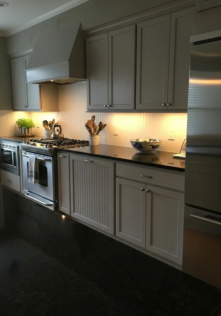 Beadboard backsplash with under cabinet lighting creating warm kitchen glow